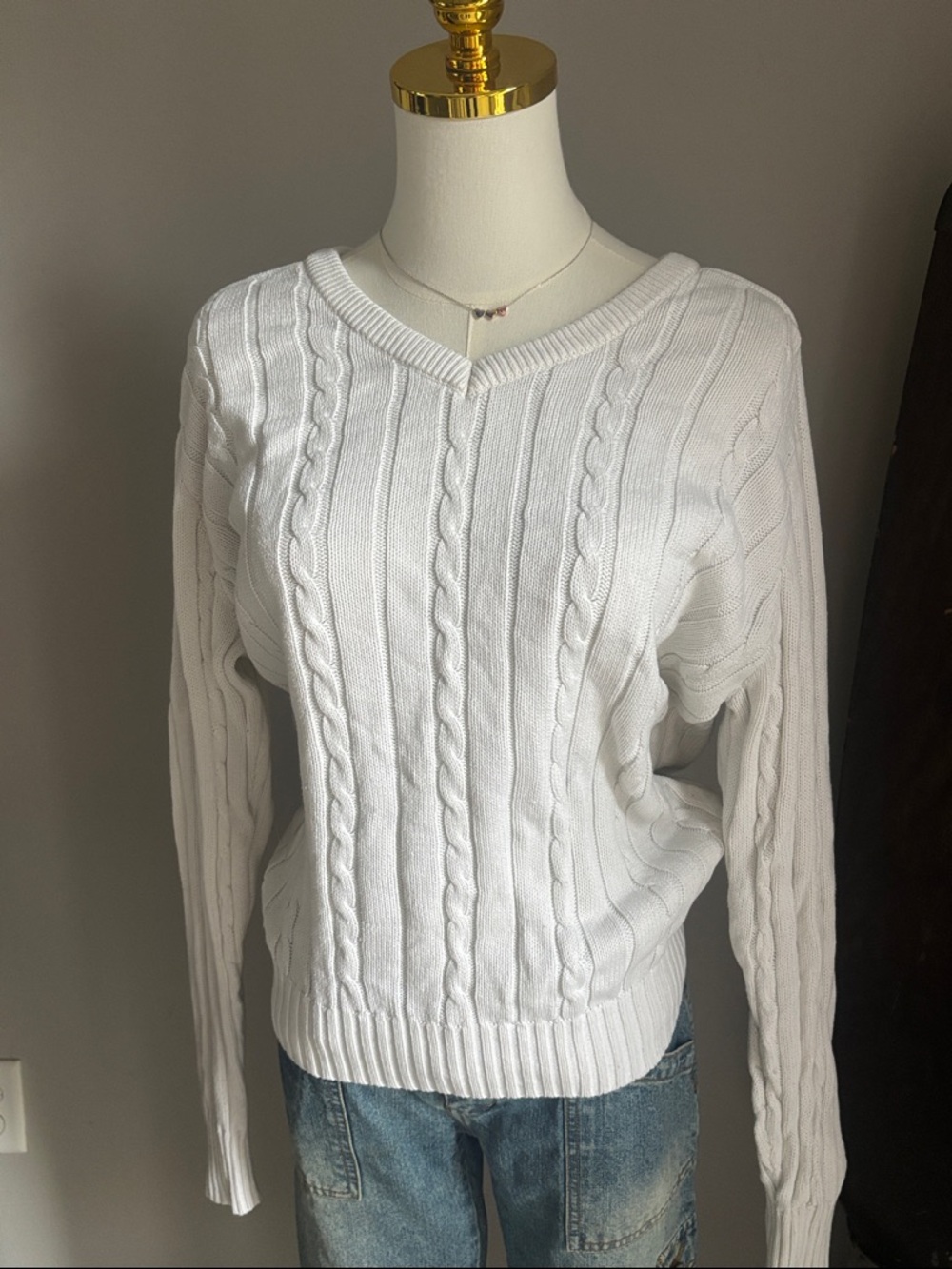 Brandy Melville White Cable-Knit V-Neck Sweater